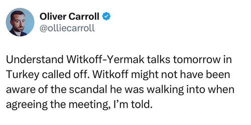 Запланированные в Турции переговоры между Стивом Уиткоффом и Андреем Ермаком отменены на фоне украинского коррупционного скандала