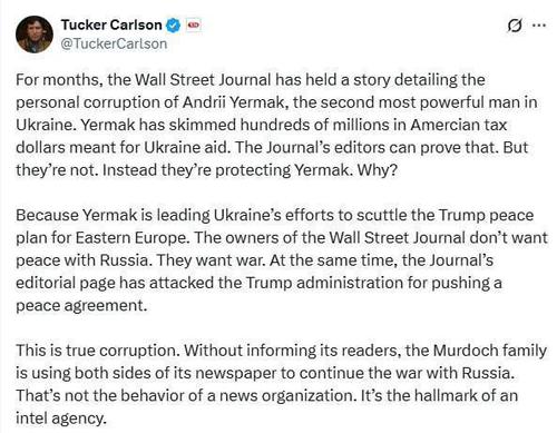 Такер Карлсон обвиняет «The Wall Street Journal» в сокрытии коррупции в окружении Зеленского