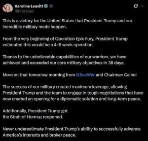 Пресс-секретарь Белого дома Каролин Ливитт: Никогда не недооценивайте способность президента Трампа успешно продвигать интересы Америки