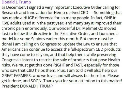 Трамп призвал Конгресс легализовать каннабидиол как можно скорее